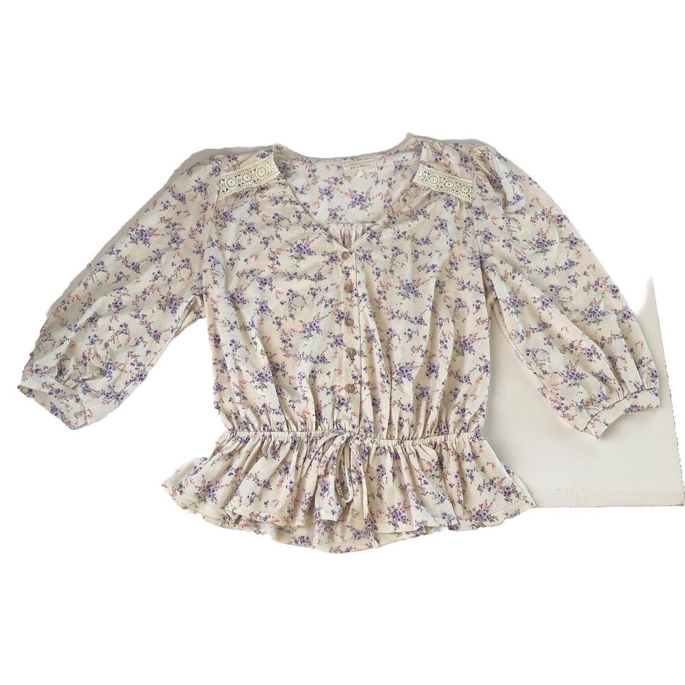 Melloday Floral Peplum Crochet Lace Detail Tie Waist V-neck Blouse Size Medium